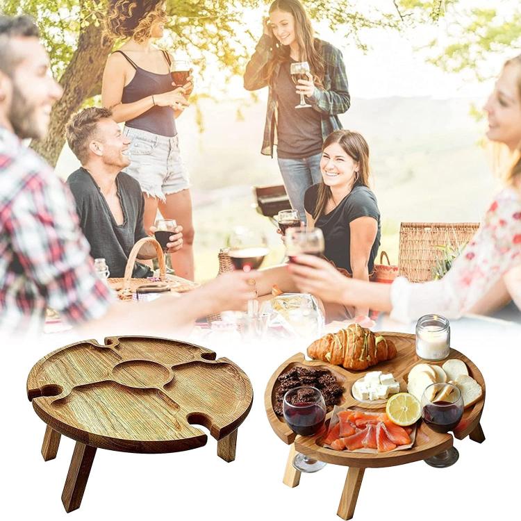 all in one place חצר וגינה Wooden Portable Camping Table Wood Folding Picnic Table with Wine Bottle Glass Seat