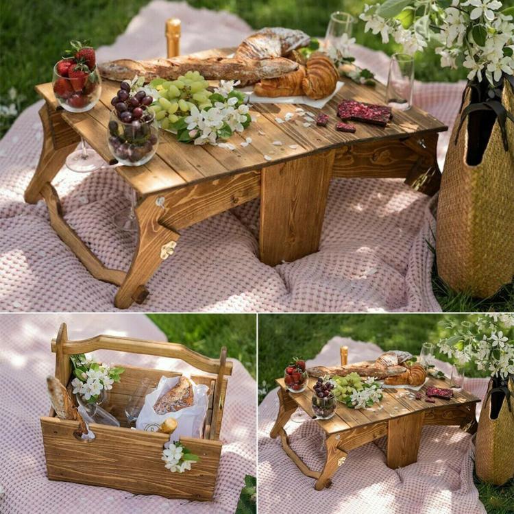 all in one place חצר וגינה Folding 2 in 1 Picnic Basket and Table with Wine Glass Holder Beach Camping Portable Small Collapsible Garden Outdoor Tables