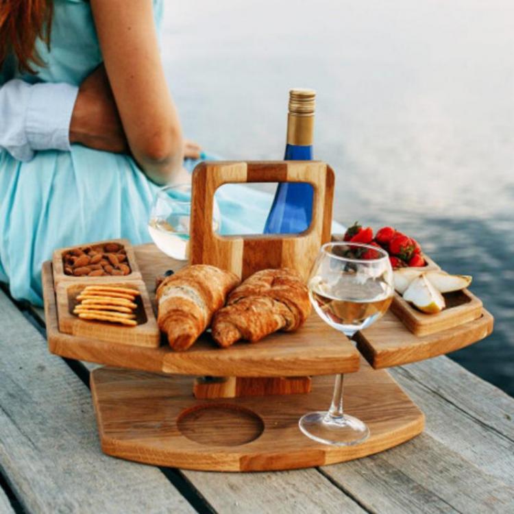 all in one place חצר וגינה 1pcs Portable Wooden Picnic Table Carry Handle Outdoor Wine Table Removable Wine Glass Holder Folding Table Fruit Snack Tray