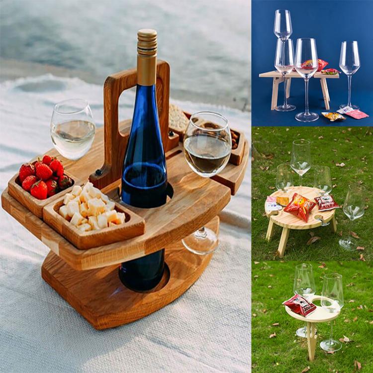 all in one place חצר וגינה Outdoor Tables Wooden Folding Picnic Table With Glass Holder Round Foldable Desk Wine Glass Rack Collapsible Table Snack Tray