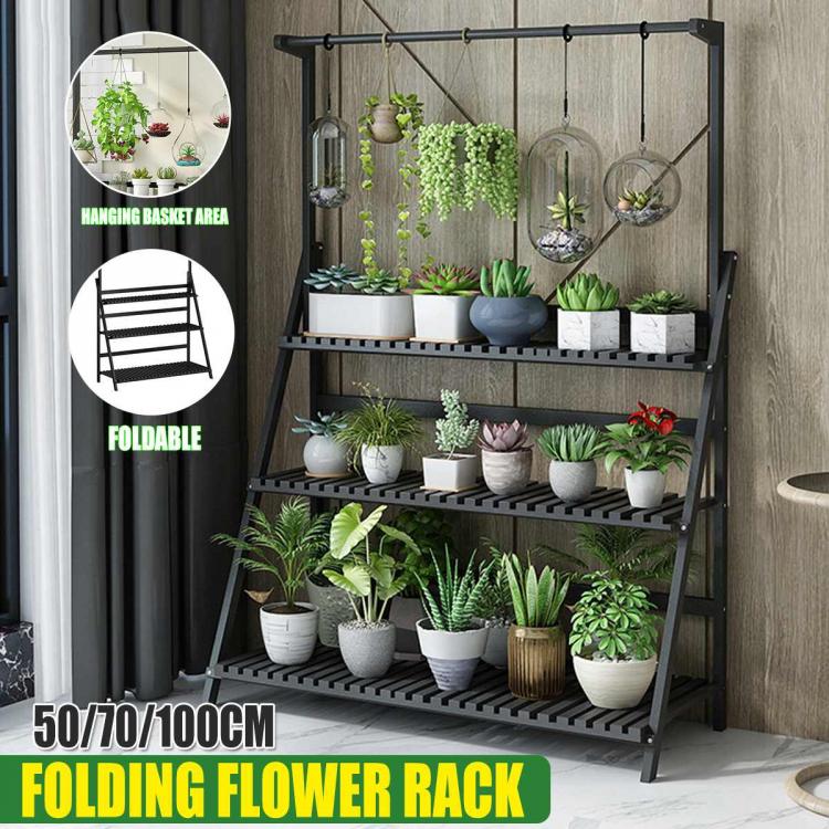all in one place חצר וגינה Folding 50/70/100cm  3 Tier Plants Shelves Flower Rack Wooden Ladder Shelf Cabinets Storage Furniture For Indoor Outdoor Garden
