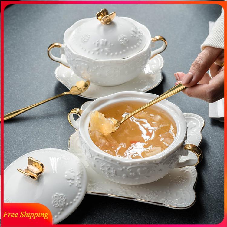 all in one place כלי מטבח ובישול European-style Dessert Small Tableware Embossed Soup Cup with Lid Ceramic Bowl Stew Cup Creative Household Health Bowl Dish Set