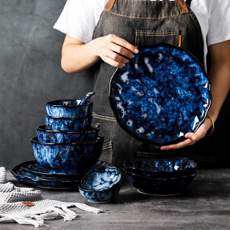 all in one place כלי מטבח ובישול Ceramic Dinner Plates And Bowls Blue Dishes Creative Japanese Retro Kiln Changed Tableware Dinnerware Set Plate Platos De Cena