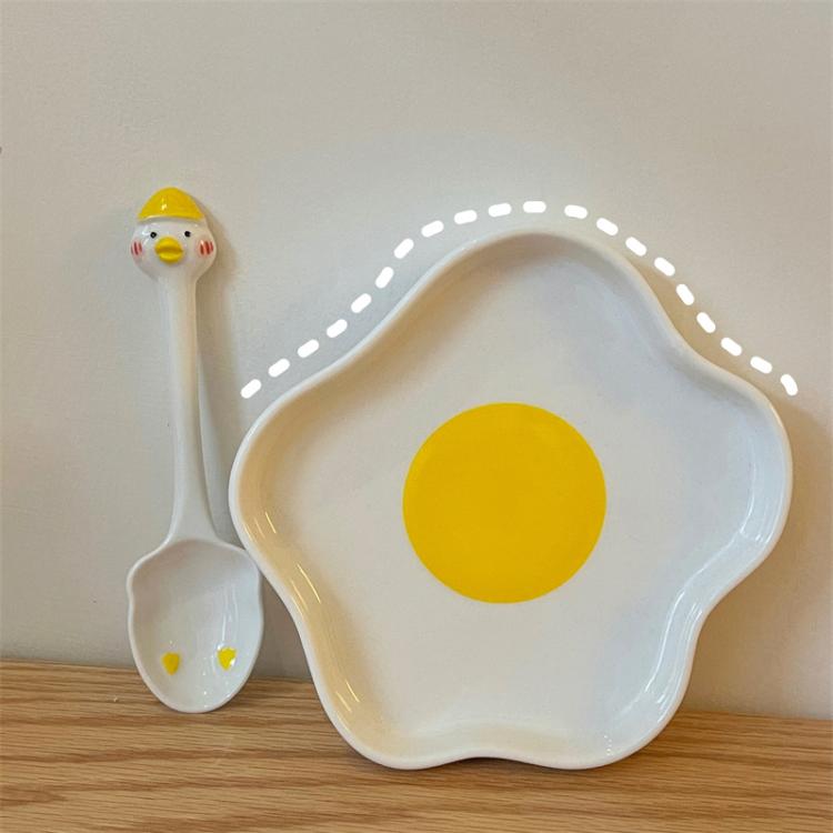 all in one place כלי מטבח ובישול Kawaii Irregular Egg Plate For Food Ceramics Cute Breakfast Cake Fruit Dessert Salad Dishes With Spoon Kitchen Tableware Gift