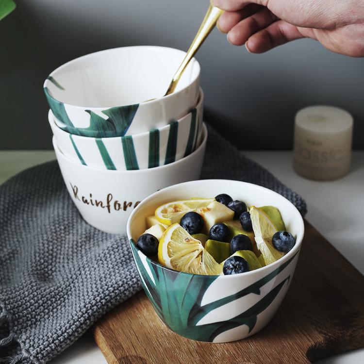 all in one place כלי מטבח ובישול 1pc Green Leaf Design Bowl European Style Ceramic Rice Bowl Milk Bowl Fine Bone China Breakfast Bowl Dinnerware