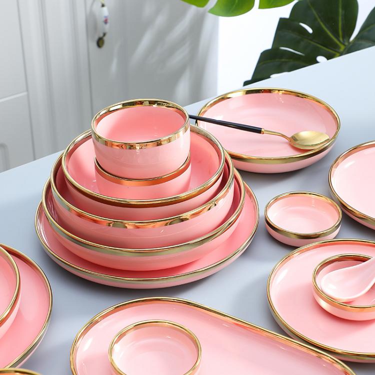 all in one place כלי מטבח ובישול Ins Gilt Rim pink Plate Steak Food Plate Nordic Style Tableware Bowl Dinner Dish High End Porcelain Dinnerware Set