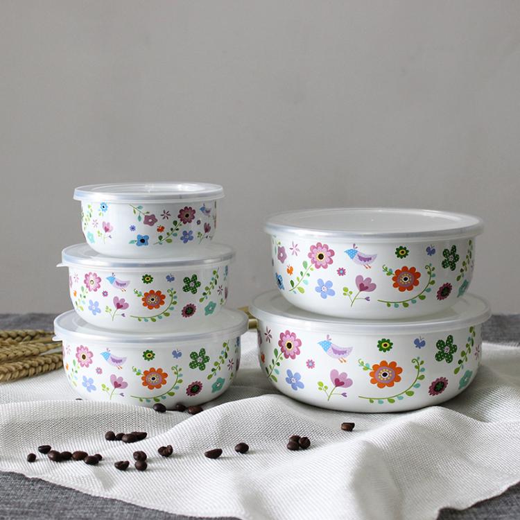 all in one place כלי מטבח ובישול Round bottom sealing thickened refrigerator storage preservation fresh enamel bowl five piece set  fresh box lunch box