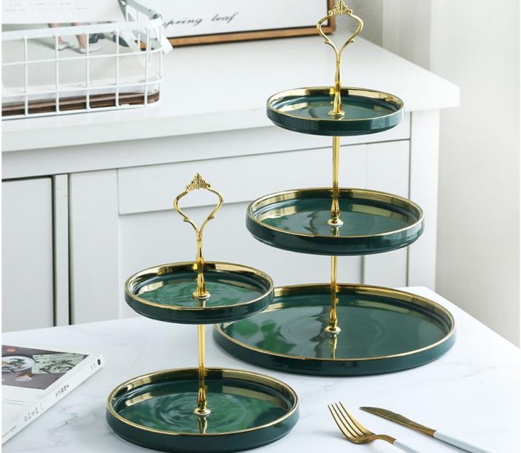 all in one place כלי מטבח ובישול Ceramic Fruit Plate Emerald Green Three-layer Cake Plates Candy Dessert Multi-layer Tray Afternoon Tea Snack Stand Household