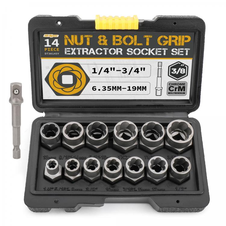 all in one place כלי עבודה Hi-Spec 14pc Extraction Socket Set, Impact Bolt Nut Remover Set, Bolt Extractor Tool Set for Removing Damaged Bolts Nuts Screws