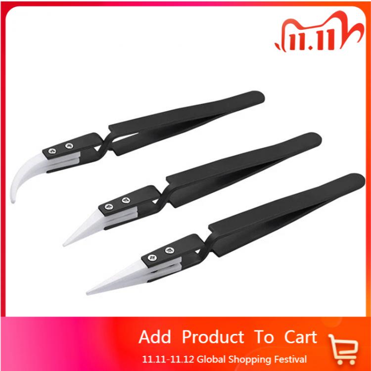 all in one place כלי עבודה 3Pcs Anti-Static Reverse Ceramic Tweezers Stainless Steel Electronic CIigarette Heat Resistant Conductive Curved Straight Tweeze