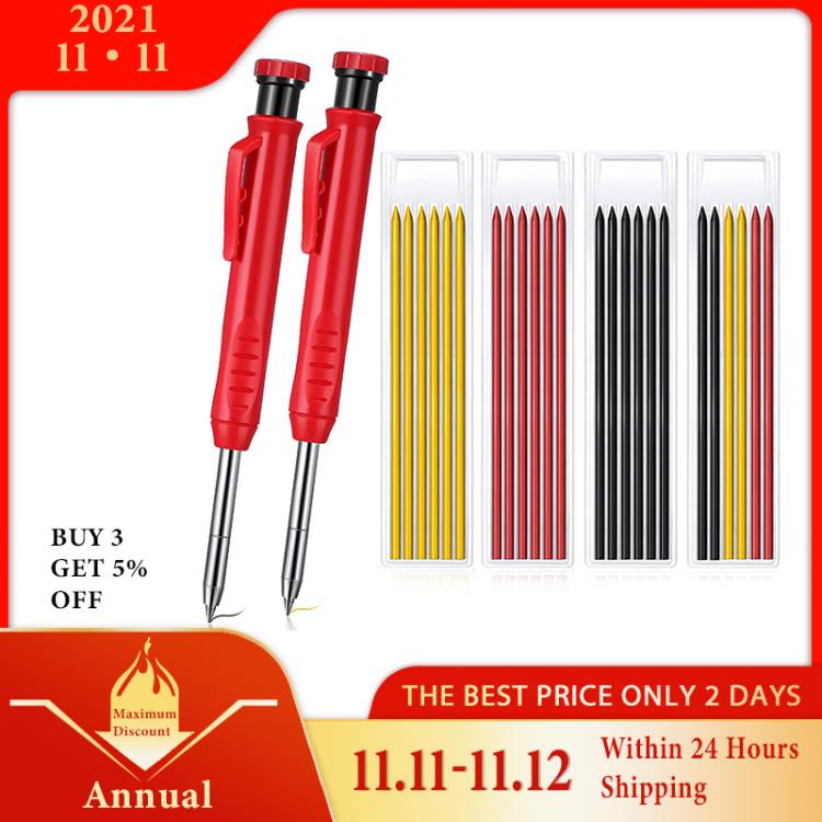 all in one place כלי עבודה Solid Carpenter Pencil Set with 7 Refill Leads Built-in Sharpener Deep Hole Mechanical Pencil Marker Tool Woodworking Marker Set
