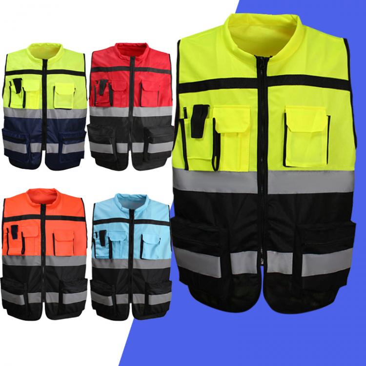 all in one place כלי עבודה High Visibility Zipper Front Safety Vest With Reflective Strips Motorcycle Vest Riding Work Vest Yellow Black Red Blue Orange