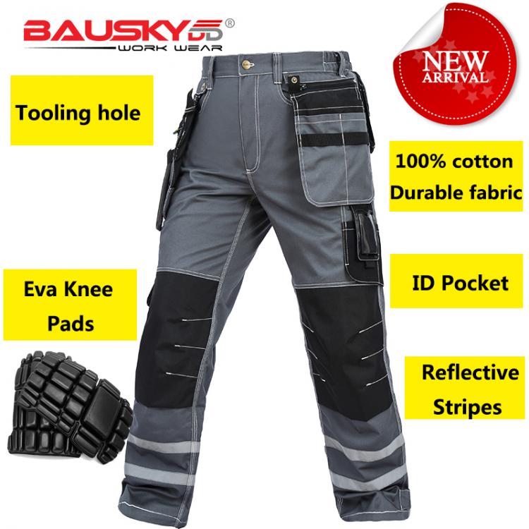 all in one place כלי עבודה Bauskydd Mens carperner 100% cotton grey reflective work trousers with eva  knee pads work pants men free shipping