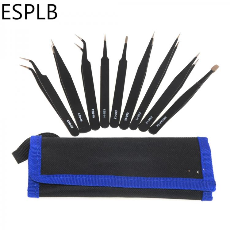 all in one place כלי עבודה 9-10pcs/Set ESD Stainless Steel Tweezers Precision Anti-Static Industrial Repair Tools Tweezers for Electronics Soldering Craft