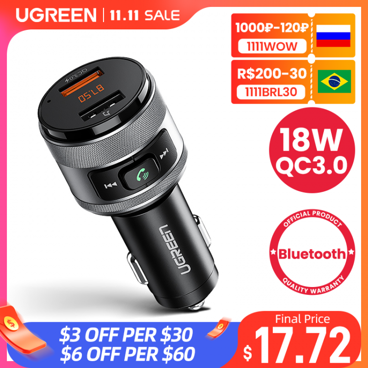 all in one place אביזרים Ugreen USB Car Charger FM Transmitter QC 3.0 Car Charging Fast Charger QC3.0 Charger for Xiaomi Samsung iPhone Quick 3.0 Charge