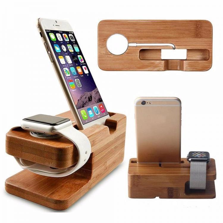 all in one place אביזרים 2 in 1 Bamboo Wood Desktop Stand for iPhone iPad Tablet Phone Stand Holder Charger Charging Dock Station for Apple Watch