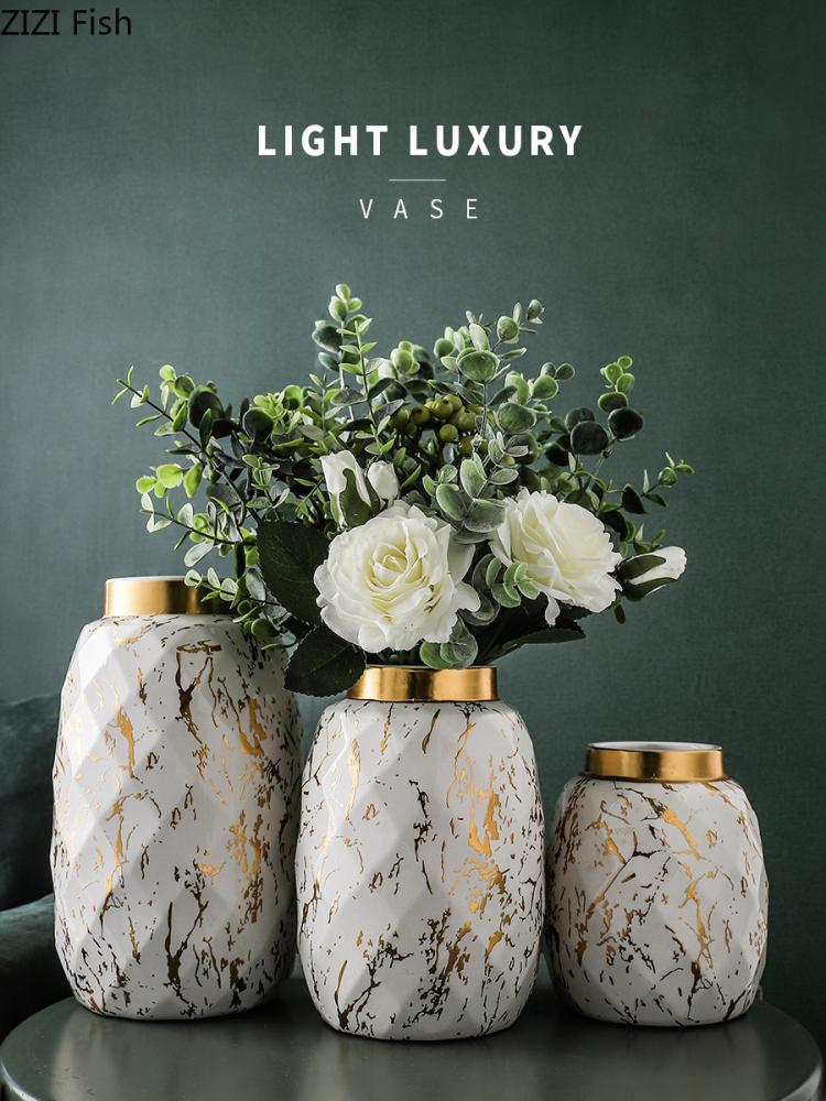 all in one place עיצוב פנים European Gilded Ceramic Vase Marble Pattern Countertop Living Room Furnishings Flower Arrangement Fresh Flowers Hydroponic Vase