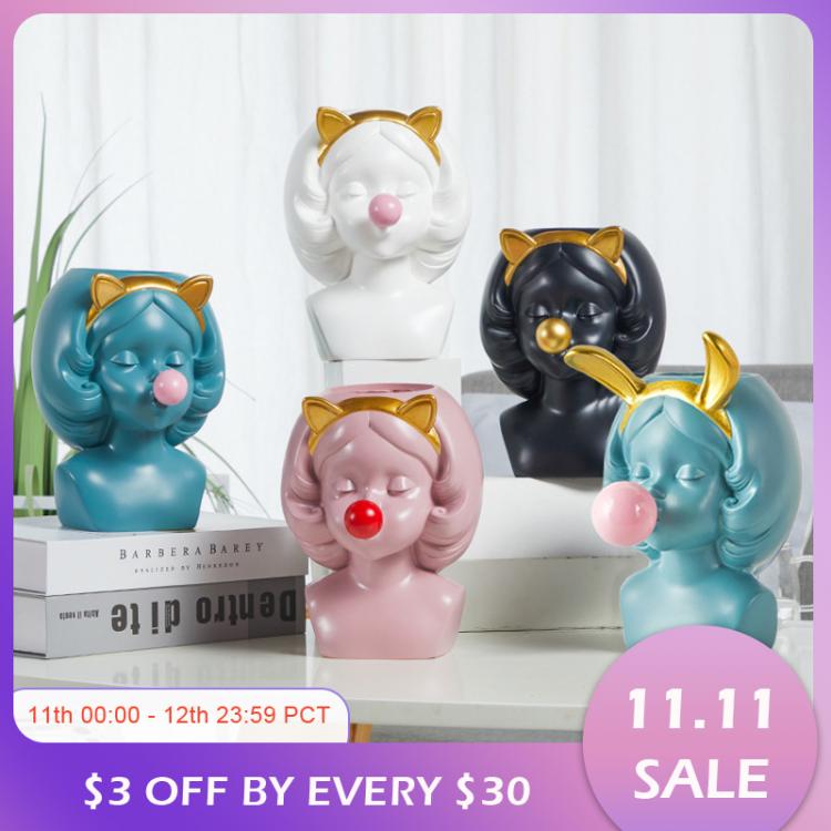 all in one place עיצוב פנים Nordic Style Resin Vase Cute Girl Bubble Gum Figurine Decorative Succulent Plant Flower Pot Modern Home Decor Pen Holder Small