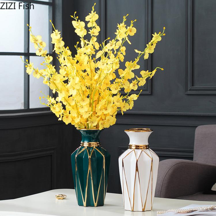 all in one place עיצוב פנים European Dark Green Ceramic Vase Electroplating Golden Living Room Porch Flower Arrangement Crafts Flower Vase Home Decoration
