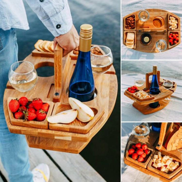 all in one place חצר וגינה Portable Snack Tray Wooden Picnic Table Outdoor Folding Wine Table Removable Wine Glass Holder Folding Carry Handle Fruits Table
