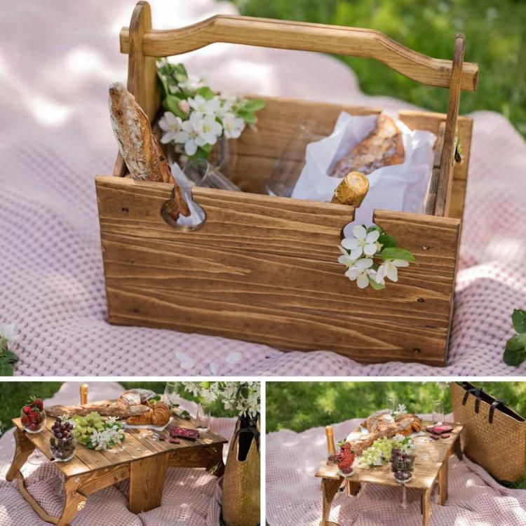 all in one place חצר וגינה Folding Picnic Table 2in1 Multifunctional Wood Desk Storage Basket Portable Outdoor Snack and Wine Basket for Beach Camping