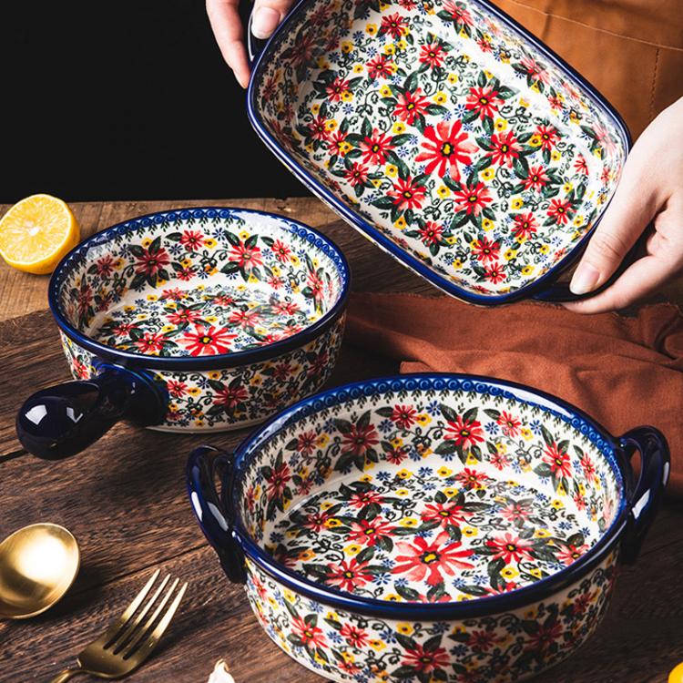 all in one place עיצוב פנים Retro Ceramic Bakeware Household Hand Painted Salad Plate Rice Bowl Binaural Baking Pan Kitchen Tableware Single Handle Bowl