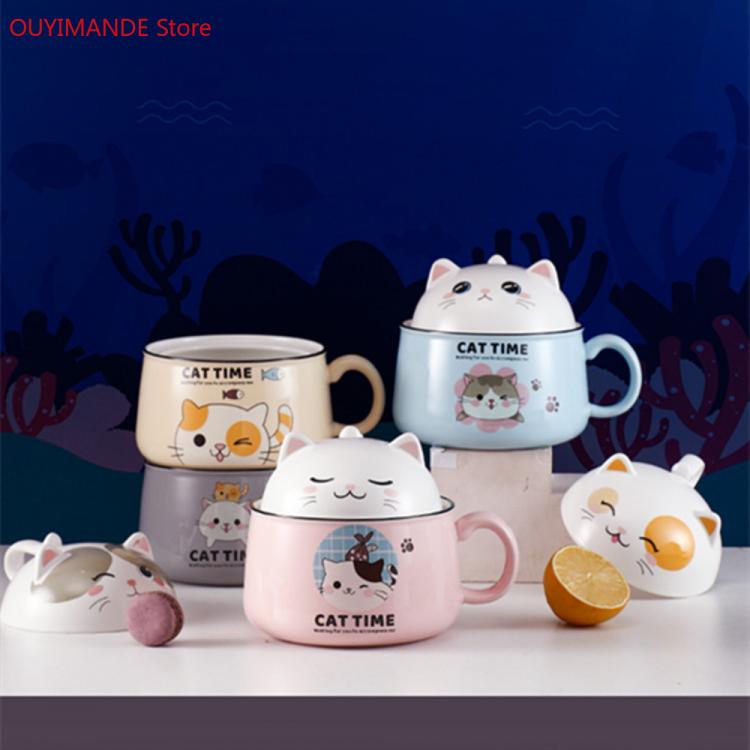 all in one place עיצוב פנים Multifunction Cartoon Cat Ceramic Instant Noodle Bowl 450ML 1020ML with Lid Handle Bowl Mug Fruit Bowl Home Dormitory Office