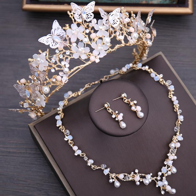 all in one place תכשיטי אופנה Luxury Crystal Beads Pearl Butterfly Costume Jewelry Sets Floral Rhinestone Choker Necklace Earrings Tiara Wedding Jewelry Set