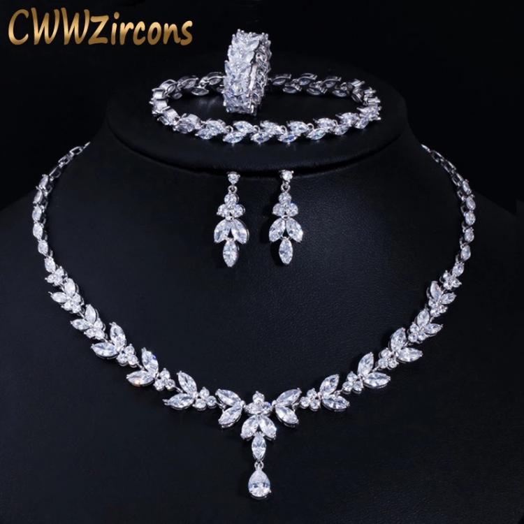 all in one place תכשיטי אופנה CWWZircons 4Pcs Brilliant Cubic Zircon Necklace Earrings Ring and Bracelet Wedding Bridal Jewelry Sets Dress Accessories T344