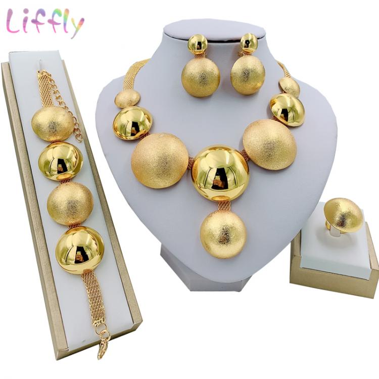 all in one place תכשיטי אופנה Liffly African Jewelry Sets Round Necklace Bracelet Dubai Gold Jewelry Set for Women Wedding Party Bridal Earrings Ring Jewelry