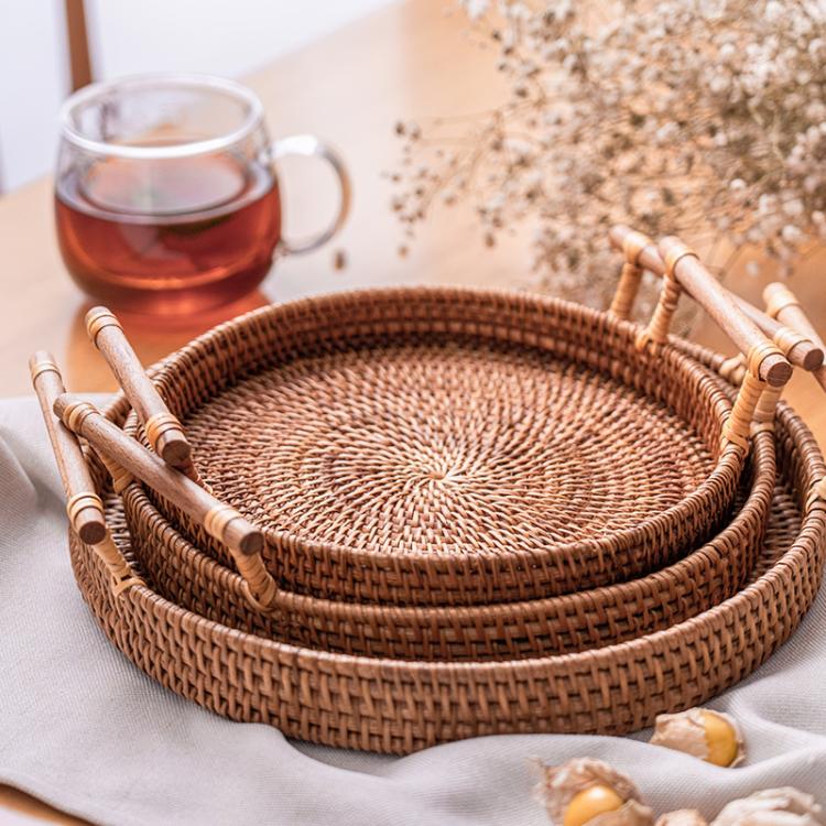 all in one place כלי מטבח ובישול Handwoven Rattan Storage Tray With Wooden Handle Round Wicker Basket Bread Food Plate Fruit Cake Platter Dinner Serving Tray