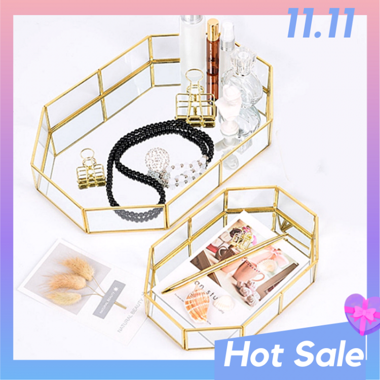 all in one place כלי מטבח ובישול Golden Mirror Tray Cosmetic Container Jewelry Organizer Case Lipstick Necklace Desktop Bathroom Storage