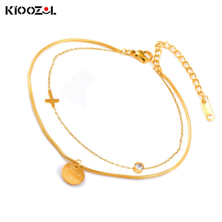 all in one place תכשיטי אופנה KIOOZOL Boho 2 Circles Lucky Girl Letter Coin and Cross Stainless Steel Gold Hollow Anklet for Women Hot beach Jewelry DP1