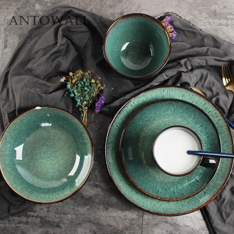 all in one place כלי מטבח ובישול ANTOWALL European style simple peacock pattern dinnerware set kiln glazed dish ceramic soup salad bowl steak plate disc mug
