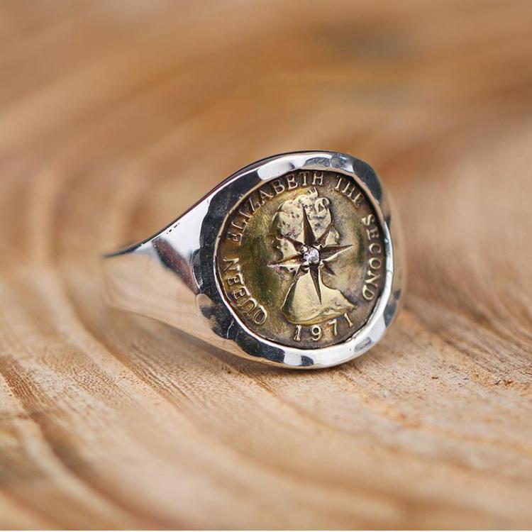 all in one place תכשיטי גברים New Design Handmade Ray Point Coin Silver Ring Fashion Trend Elizabeth Brass Coin Opening Adjustable Ring Jewelry Accessories