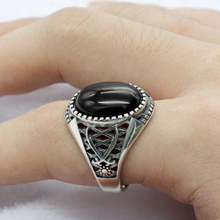 all in one place תכשיטי גברים Real 925 Sterling Silver Islamic Men Ring with Black Onyx Stone Ring Double Swords Rings for Man Turkish Religious Jewelry Gift