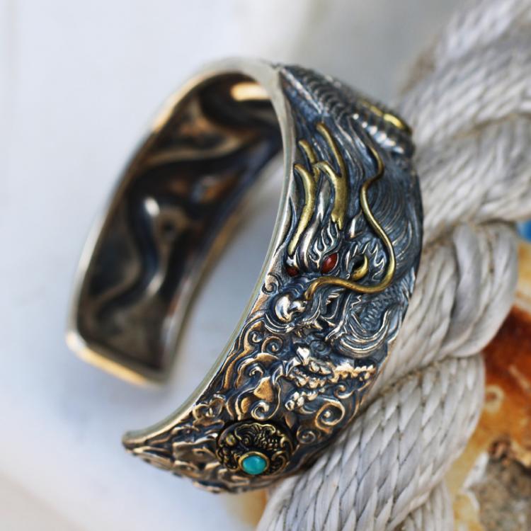 all in one place תכשיטי גברים Retro Ethnic Style Craftsman Silver Handmade S925 Sterling Silver Dragon Playing A Ball Men's Personality Wide Bracelet