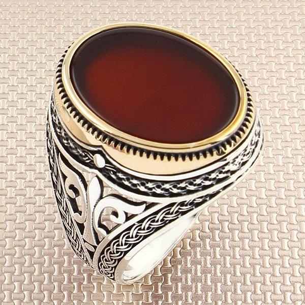 all in one place תכשיטי גברים Straight Oval Red Agate Stone Men Silver Ring With Symmetrical Motif Made in Turkey Solid 925 Sterling Silver