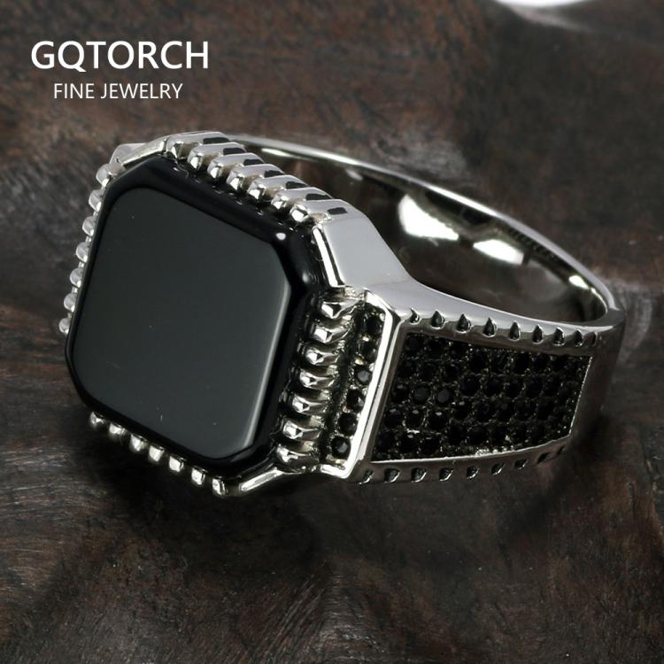 all in one place תכשיטי גברים Genuine Solid 925 Sterling Silver Turkish Rings For Men Black Rings With Stone Square Natural Onyx Vintage Male Jewelry Anelli