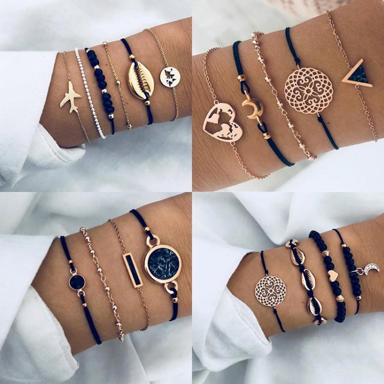 all in one place תכשיטי גברים New Bohemian Black Rope Chain Bracelet Set For Women aircraft Shell Moon Heart crystal Charm Bangle Boho Jewelry