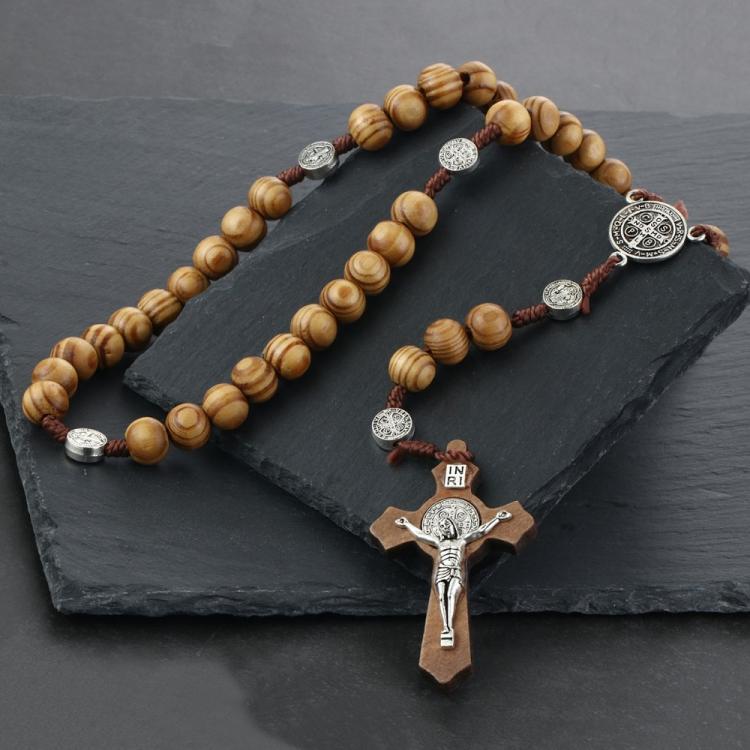 all in one place תכשיטי גברים Round Saint Benedict Medal Antique Wooden Rosary Necklaces Cross Pendant for Women Religious Jesus Jewelry Mother Gifts