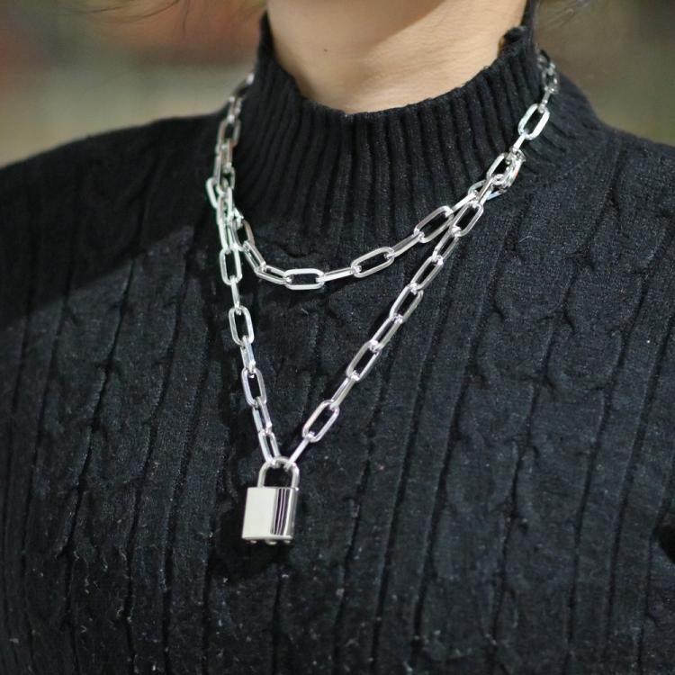 all in one place תכשיטי גברים Double layer Lock Chain necklace punk 80s 90s link chain серабро Gold padlock pendant necklace for women fashion gothic jew