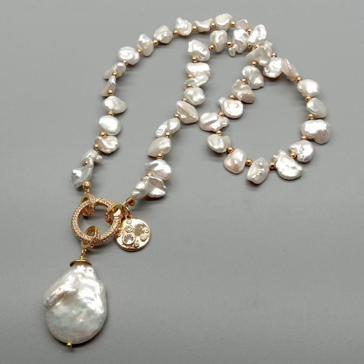 all in one place תכשיטי גברים YYGEM Romantic style natural Top-Drilled Cultured White Keshi  Pearl choker Necklace Coin Pearl Charm pendant 18" for women
