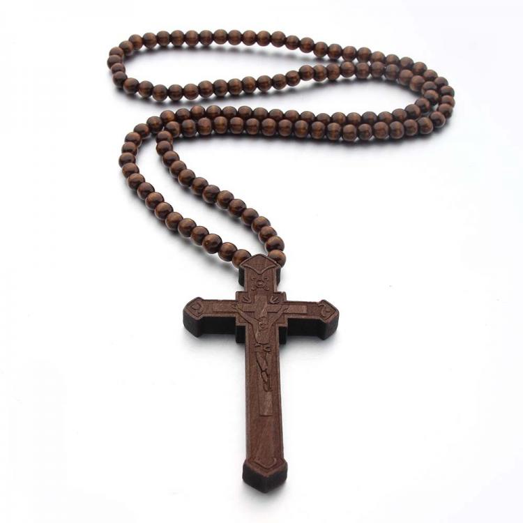 all in one place תכשיטי גברים Cross Jesus Wood Necklace Pendant for Men Woman Wooden Beads Carved Long Rosary Catholic Necklaces Male Jewelry