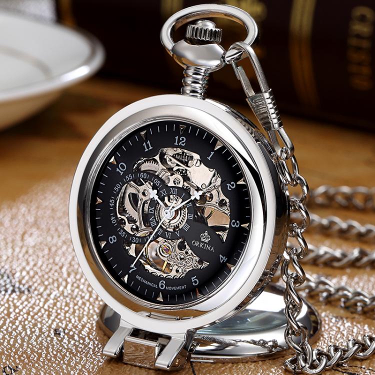 all in one place שעונים Gorben Stainless Steel Men Fashion Casual Pocket Watch Skeleton dial Silver Hand Wind Mechanical Male Fob Chain Watches