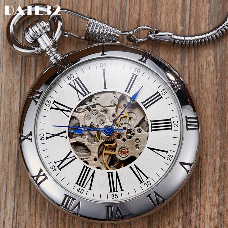all in one place שעונים Luxury Sliver Mechanical Pocket Watch Skeleton Roman Numerals Dial Quality Engraved Case Fob Chain Clock for Men Dropshipping