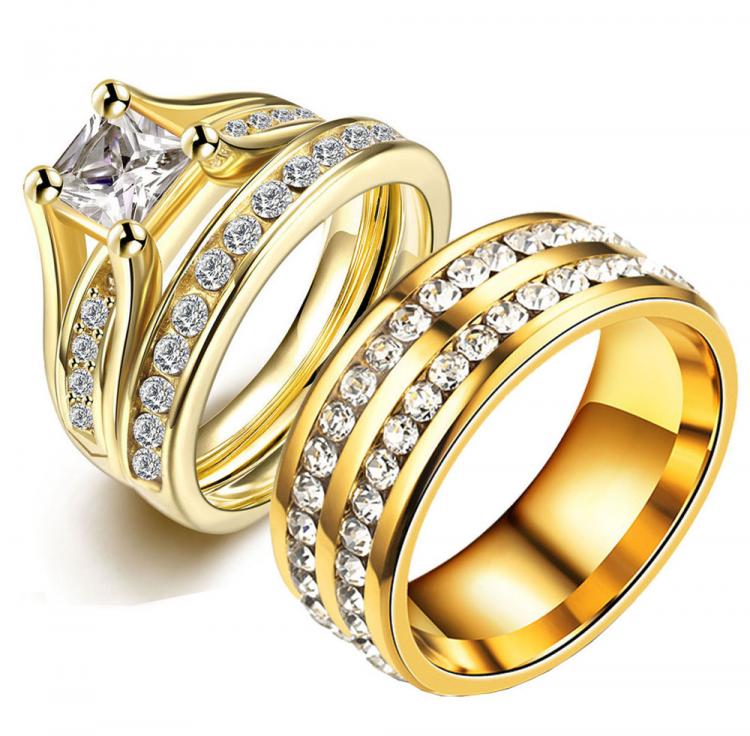 all in one place ארוסין וחתונה Princess Cut Cubic Zirconia Couples Rings Stainless Steel Wedding Ring Set for Women and Men Party Jewelry Gold Color