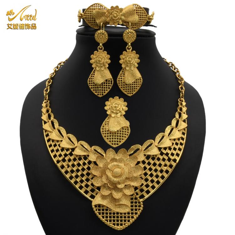 all in one place ארוסין וחתונה Dubai African Gold Jewelry Set Flower Necklace Sets For Women Bride Earrings Rings Indian Nigerian Wedding Jewelery Set Gift