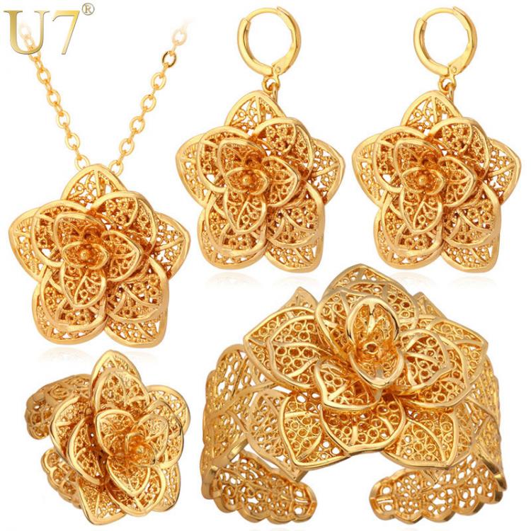 all in one place ארוסין וחתונה U7 Dubai Flower Jewelry Sets Gold Necklace Cuff Bracelet Drop Earrings & Ring Bridal Wedding Jewelry Set For Women Gift S56