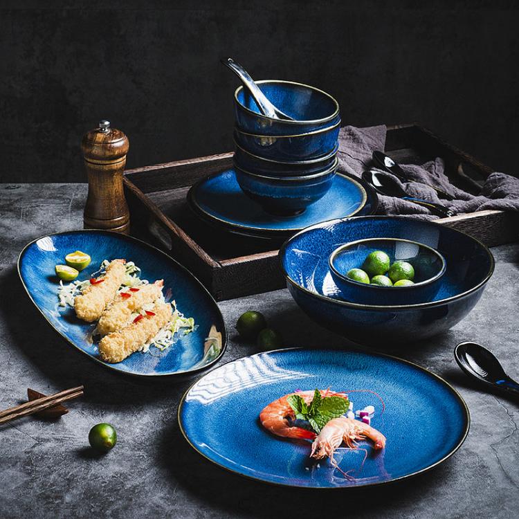 all in one place עיצוב פנים KINGLANG Japanese Blue kiln glazed ceramic tableware set rice bowl plate spoon Udon Ramen soup bowl dish